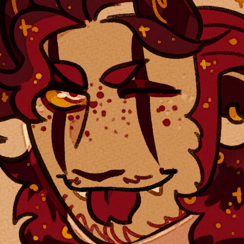 A close-up icon of the artists persona. It's a pale-yellow skinned humanoid with red hair and clown face paint with gold eyes.